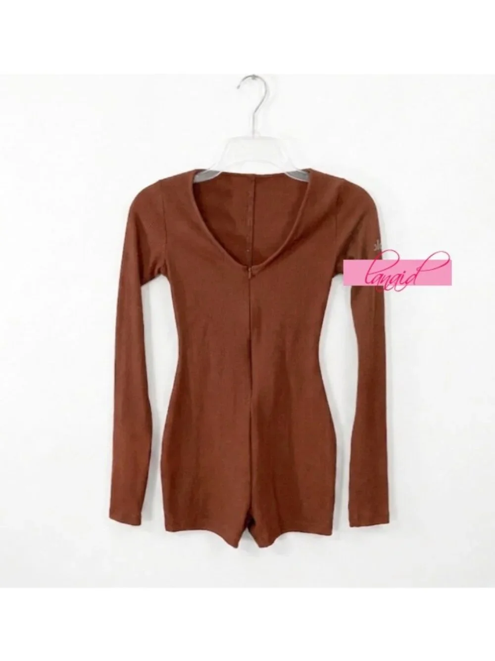 Alo Keep It Sleek Ribbed Onesie Rust Zipper Zip Henley One-Piece Jumpsuit Romper